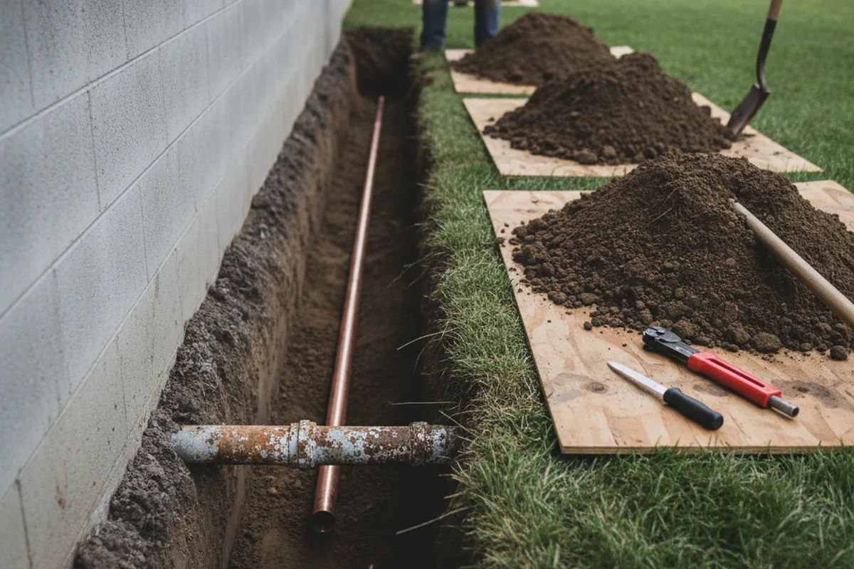 Excavated water line trench during Water Heater Repair in Rockwall